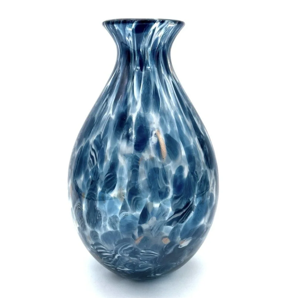 Art Glass Vase Blue White Mottled Splatter Gold Flecks Hand Blown 10 In Vintage